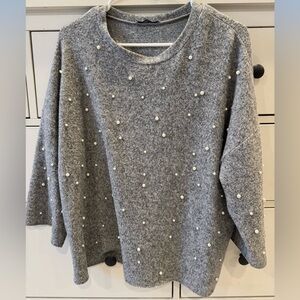 Zara Gray Pearl-Embellished Sweater